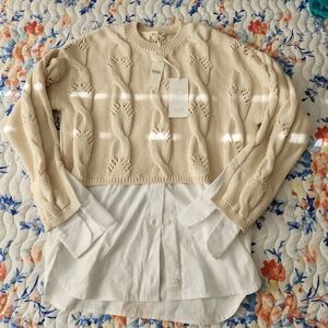 Tan Cable Knit Sweater Over White Shirt